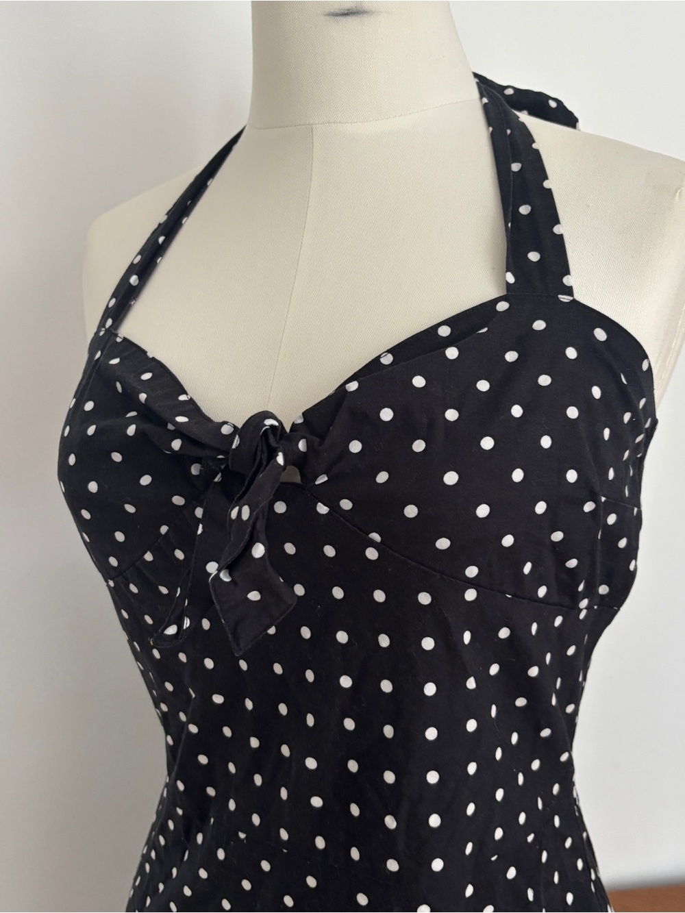 90s Cotton Stretch Gloria Vanderbilt Black and White Polka Dot Halter Dress